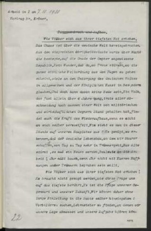 Arbeit in I am 7.10.1920 Vortrag Br. Kröner. Wie Völker sich aus ihrer tiefsten Not erheben.