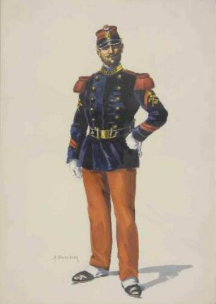 Waffenschmied (?) des franz. 158. Infanterie-Regiments in Uniform und Mütze, stehend, Brustbild