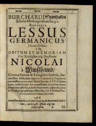 Lessus Germanicus rythmikos arrythmos, In Obitum Et Memoriam ... Nicolai a Winßheimb ...