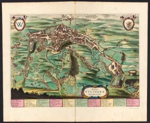 Stadtplan von Volterra, Italien, kolorierter Kupferstich, ca. 1730 : Nova Vulterrae Delineatio : Avec Privilege = Volterre Ancienne Ville de Toscane, Suffragante de Florence, située dans le Pisan / I. Blaeu Excud. - Amsterdam : Pierre Mortier, s.a. [ca. 1730]. - 1 Plan : Kupferstich ; 41 x 57 cm. - SO oben