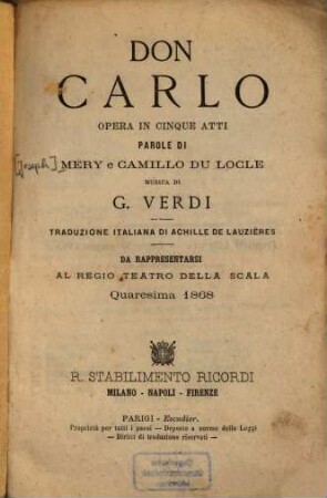 Don Carlo : Opera in 5 atti
