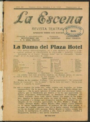 La dama del Plaza Hotel : film policial cómico-dramático en 1 acto, dividido en prólogo y cinco cuadros