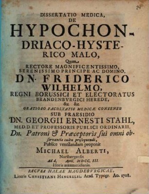 Dissertatio Medica De Hypochondriaco-Hysterico Malo