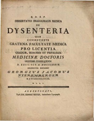 Dissertatio Inauguralis Medica De Dysenteria