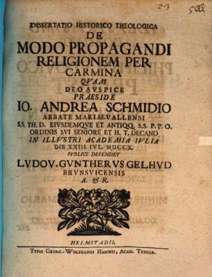 Dissertatio Historico Theologica De Modo Propagandi Religionem per Carmina