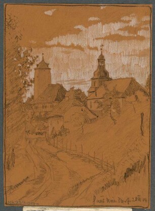 Dorfkirche, Neindorf Monatskonkurrenz Oktober 1909: Perspektivische Ansicht des Dorfes