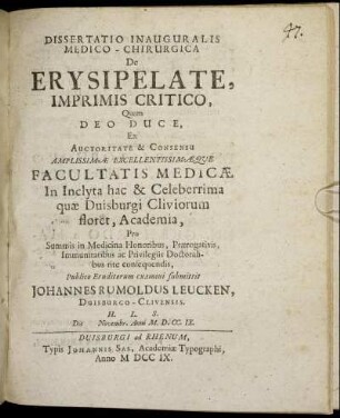 Dissertatio Inauguralis Medico-Chirurgica De Erysipelate, Imprimis Critico