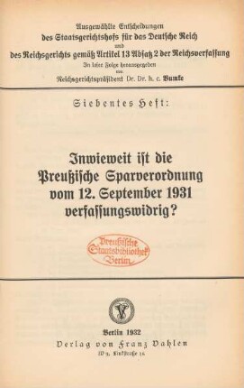 Inwieweit ist die Preußische Sparverordnung vom 12. September 1931 verfassungswidrig?