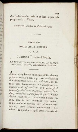 Amico Suo, Joann. Andr. Scherer, S. P. D. Johannes Ingen-Housz. De Usu Externo Rhabarbari In Ulceribus Mali Moris, Præsertim Crurum.