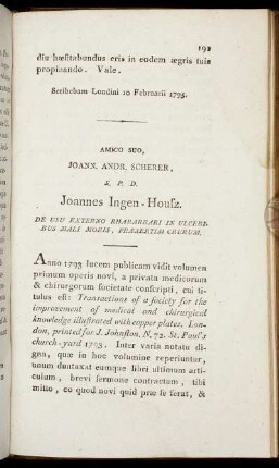 Amico Suo, Joann. Andr. Scherer, S. P. D. Johannes Ingen-Housz. De Usu Externo Rhabarbari In Ulceribus Mali Moris, Præsertim Crurum.