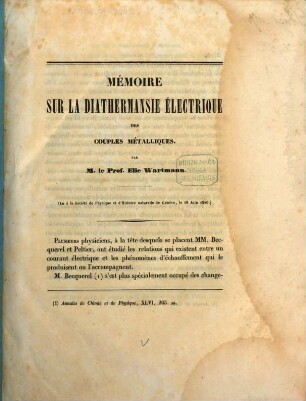 Mémoire sur la diathermansie électrique des couples métalliques