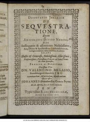 Disputatio Iuridica De Sequestratione