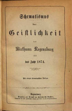 Schematismus des Bistums Regensburg. 1874, 1874