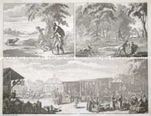 Lahmer und Blinder, Jagd und Fischerei, Markt (Blatt mit drei Ansichten; Tafel XXX aus: J. B. Basedow: Elementarwerk, 1774)