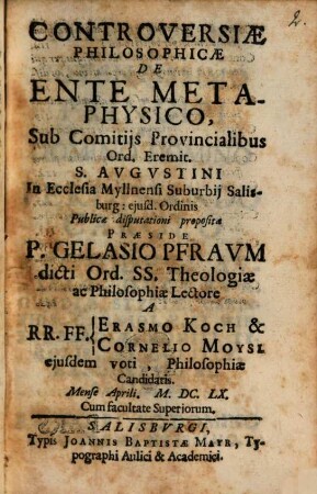 Controversiae Philosophicae De Ente Metaphysico