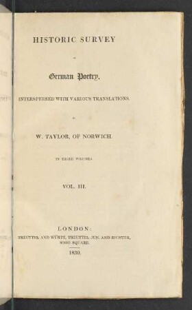 Vol. III: Historic survey of German poetry, intersparsed with various translations