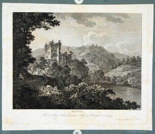 Tharandt, Blick auf die Burgruine, die Berg- und Stadtkirche und den Schlossteich rechts, Blatt mit Widmung an die Kammerrätin Frege, geb. Dufour, aus Zinggs Kupferstichwerk