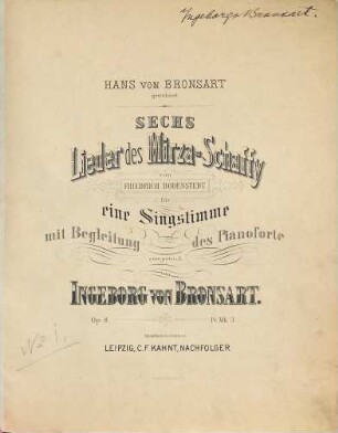 Sechs Lieder des Mirza-Schaffy : für eine Singstimme mit Begleitung des Pianoforte ; Op. 8