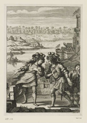Heilige Johanna von Orléans im Gespräch mit Johann von Orléans (Graf von Dunois), aus: Jean Chapelain, "La Pucelle ou La France delivrée, poëme héroïque", Paris 1656