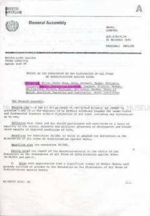 Kopie eines Protokolls der UN-Vollversammlung zu einer Resolution der DDR und anderer Staaten gegen jede Form der Diskriminierung von Frauen