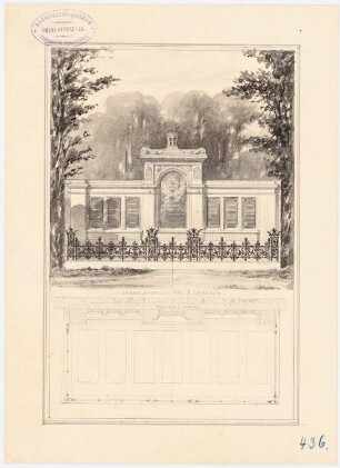 Erbbegräbnis für 7 Gräber auf dem israelitischen Kirchhof, Berlin-Weißensee: Fassade, Grundriss (Variante) 1:50