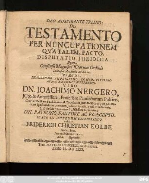 De Testamento Per Nuncupationem Qua Talem, Facto : Disputatio Iuridica