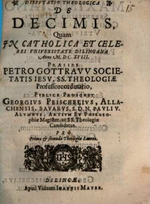 Dispvtatio Theologica De Decimis