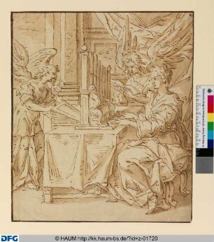Die Heilige Cäcilie an der Orgel mit zwei Engeln