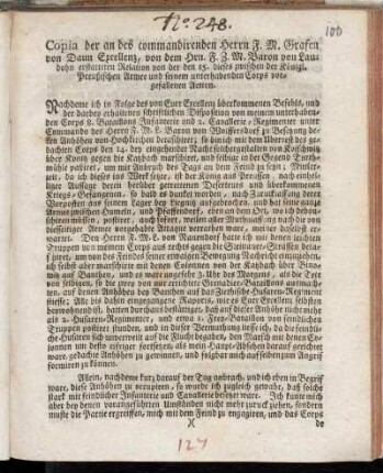 Copia der an des commandirenden Herrn F. M. Grafen von Daun Excellenz, von dem Hrn. F. Z. M. Baron von Laudohn erstatteten Relation von der den 15. dieses zwischen der Königl. Preußischen Armee und seinem unterhabenden Corps vorgefallenen Action
