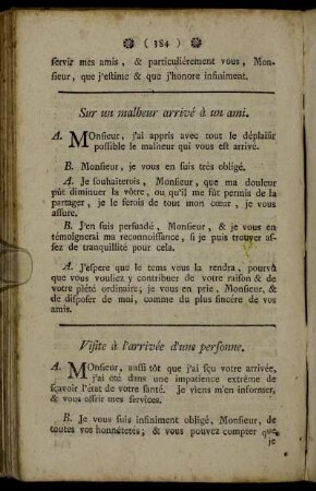 Visite à l´arrivée d´une personne. = Besuchung bey der Ankunft einer Person. - Conversations entre un Cavalier & une Demoiselle. = Unterredungen eines Cavaliers mit einem ledigen Frauenzimmer.