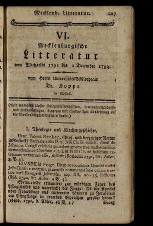 VI. Mecklenburgische Litteratur von Michaelis 1791 bis 1. December 1792