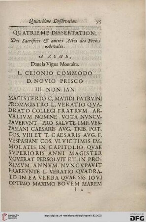 Quatrième dissertation, Des Sacrifices & autres ACtes des Freres Arvales. À Rome dans la Vigne Montalto