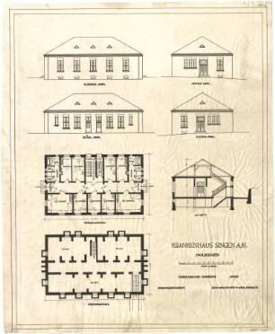 Billing, Hermann; Singen; Krankenhaus - Isoliergebäude, Fassaden (Ansichten); Grundriss EG; Grundriss Keller; Schnitt