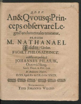 An & Quousq[ue] Princeps observare Leges Fundamentales teneatur