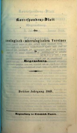 Correspondenzblatt des Zoologisch-Mineralogischen Vereines in Regensburg. 3. 1849