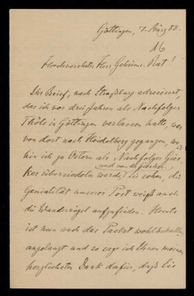 16: Brief von Richard Schröder an Gottlieb Planck, Göttingen, 7.3.1888