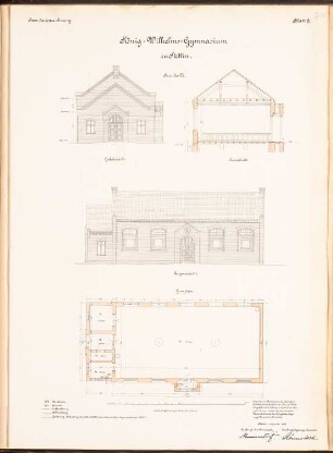 König-Wilhelm-Gymnasium, Stettin: Turnhalle: 2 Ansichten, Querschnitt, Grundriss