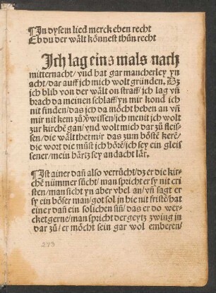 Jch lag eins mals nach || mitternacht/ vnd hat gar mancherley yn || acht/