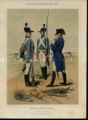 Uniformdarstellung, Pionier, Sappeur und Ingenieur der Genie-Truppen, Österreich, 1790/1809. Tafel 59 aus: Gerasch: Das Oesterreichische Heer.