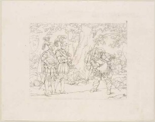 Zu Shakespeares "König Heinrich IV.", Teil 1, Blatt 8, 5. Akt, 4. Szene: Falstaff bringt Percys Leichnam auf der Schulter zu Prinz Heinrich und seinem Bruder