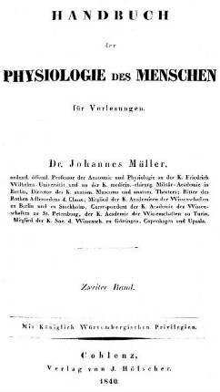 2: Handbuch der Physiologie des Menschen für Vorlesungen. Zweiter Band