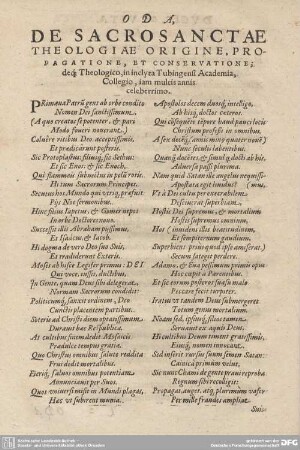 ODA, DE SACROSANCTAE THEOLOGIAE ORIGINE, PROPAGATIONE, ET CONSERVATIONE; ...