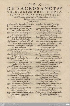 ODA, DE SACROSANCTAE THEOLOGIAE ORIGINE, PROPAGATIONE, ET CONSERVATIONE; ...