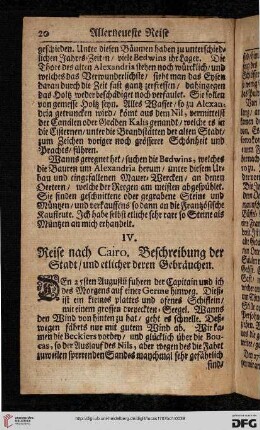 IV: Reise nach Cairo. Beschreibung der Stadt / und etlicher deren Gebräuchen