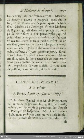Lettre CLXXXIII. A la même. A Paris, Lundi 15. Janvier, 1674