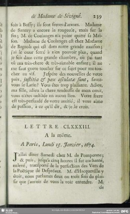 Lettre CLXXXIII. A la même. A Paris, Lundi 15. Janvier, 1674