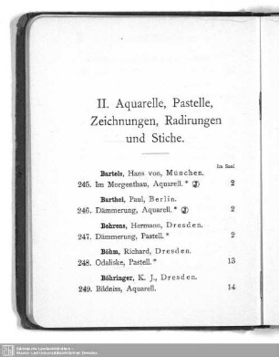 II. Aquarelle, Pastelle, Zeichnungen, Radirungen und Stiche