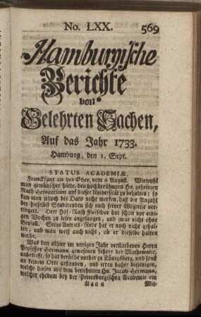 No. LXX. Hamburg, den 1. Sept. 1733. - No. LXXVIII. Hamburg, den 29. Sept. 1733.