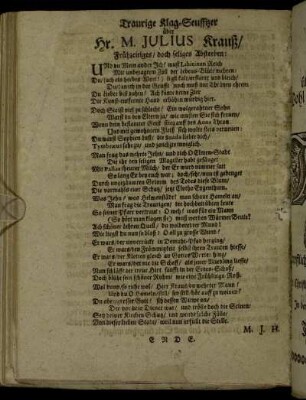 Traurige Klag-Seufftzer über Hrn. M. Julius Krauß/ Frühzeitiges/ doch seliges Absterbern