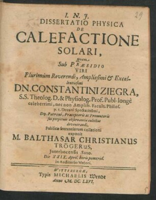 Dissertatio Physica De Calefactione Solari